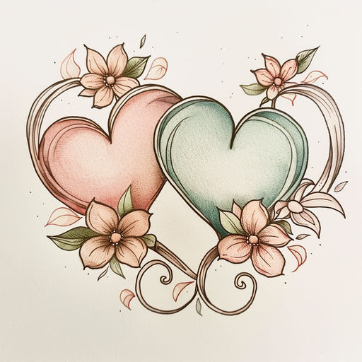 Romantic flat tattoo sketch of intertwined hearts with floral accents, soft pink and green