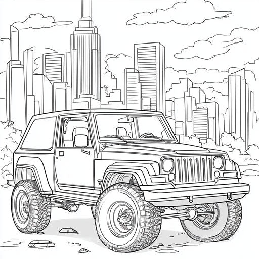Jeep in front of a city skyline, Walt Handelsman style, coloring page