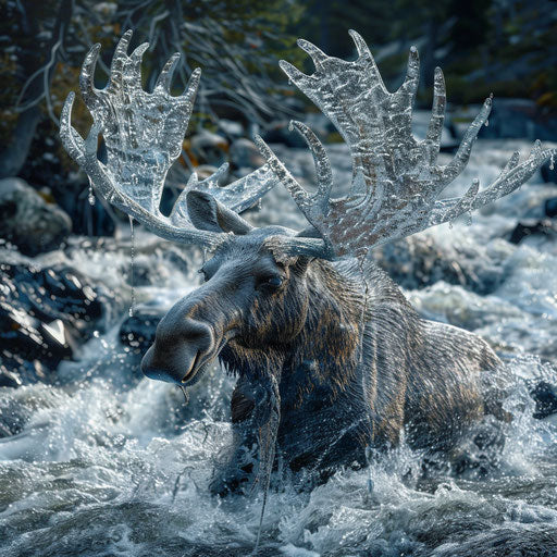 A water moose blending into a rushing river