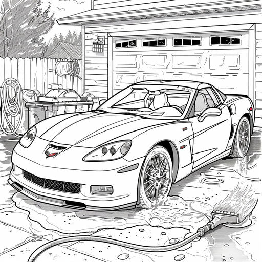 Corvette being cleaned and polished in a driveway. Coloring book page