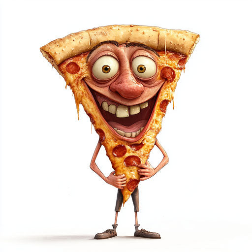 Humorous caricature of a pizza slice with exaggerated human characteristics