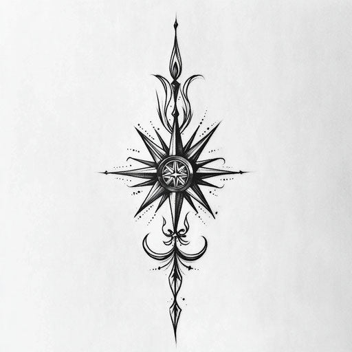 Flat tattoo sketch on man's neck featuring compass rose