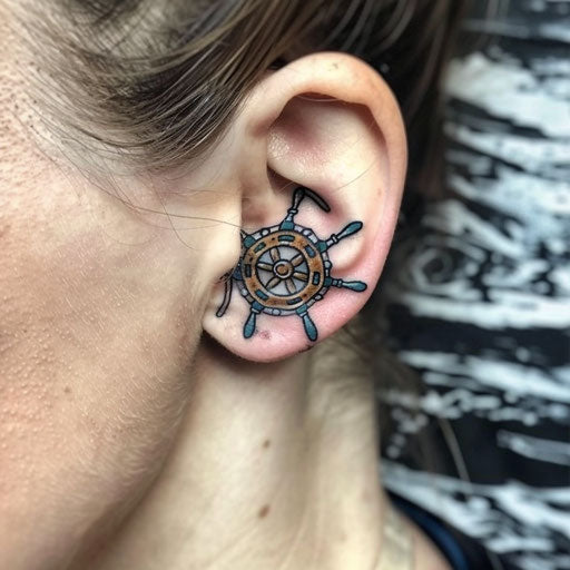 Ear tattoos in the style of Sailor Jerry with a ship's wheel