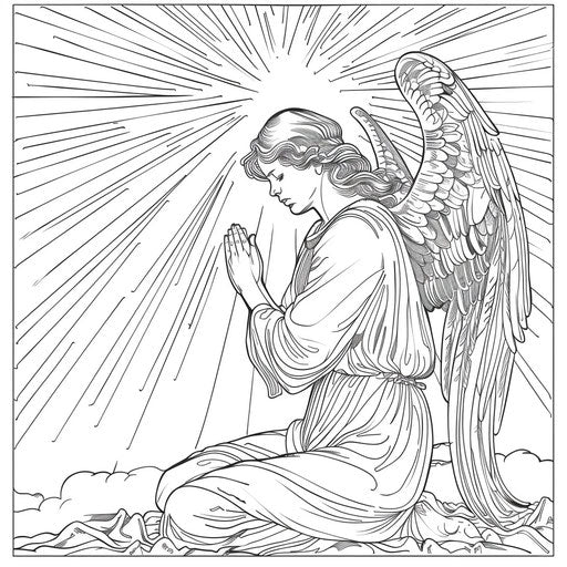 Serene angel in prayer, light radiating from halo