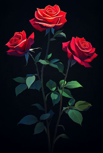 Red roses, vector art, black background, red and dark gradient color scheme, dark fantasy style