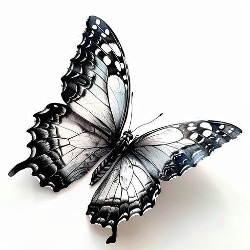 3D butterfly tattoo in detailed Victorian style on pure white