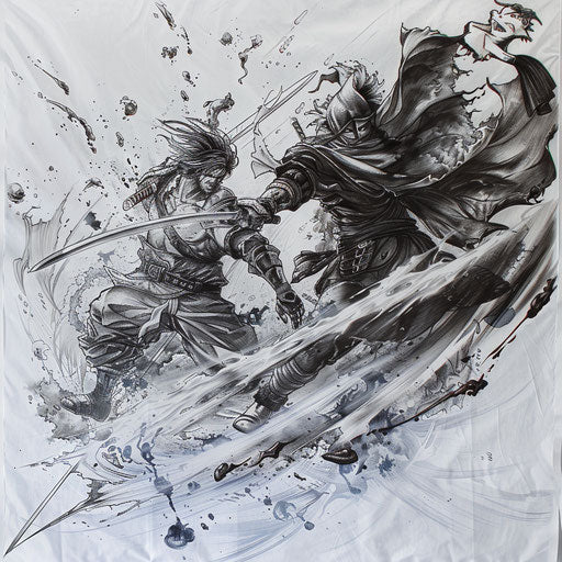 Epic battle scene from a hit anime, dynamic tattoo design on white background