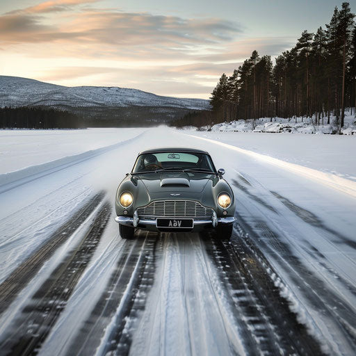 Modified Aston Martin DB6 racing on frozen lake, Scandinavia