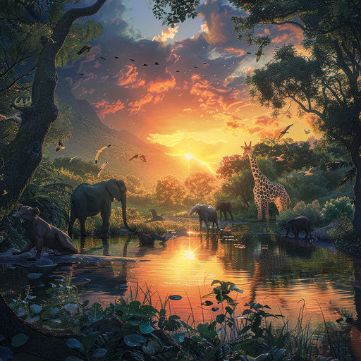 Animal scene at dawn, start of an awakened day