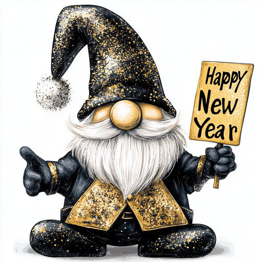A cute black and gold gnome with white beard holding a sign saying '2025 Happy New Year', clip art style