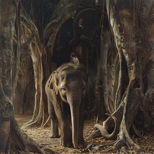Young elephant calf exploring the world under the watchful eyes of its herd, surrounded by towering ancient trees.