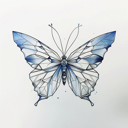 Minimalist flat tattoo sketch of a geometric blue butterfly