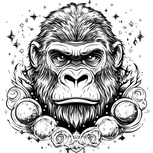 Gorilla with celestial motifs in the style of Ruben Ireland
