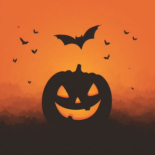 Happy Pumpkin with Bat Against Sunset Gradient