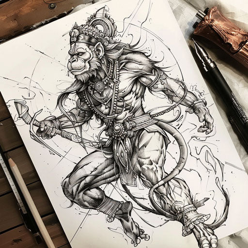 Bold and dynamic flat tattoo sketch with Hanuman in a battle stance