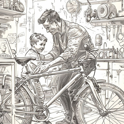 Dad fixing a bike with child watching closely