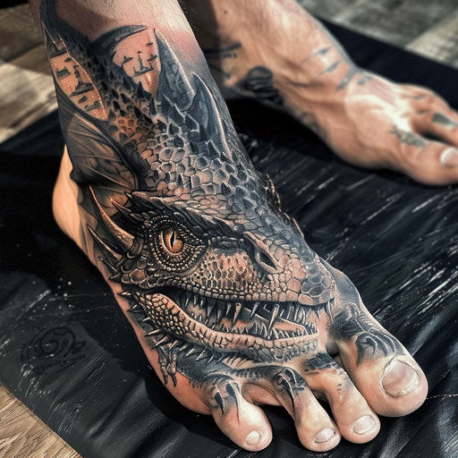 Foot tattoos with realistic dragon in the style of Glenn Fabry