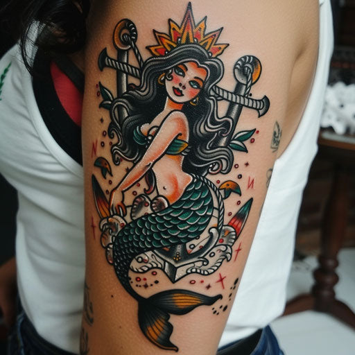 Arm tattoos for women in the style of Sailor Jerry featuring an anchor and mermaid