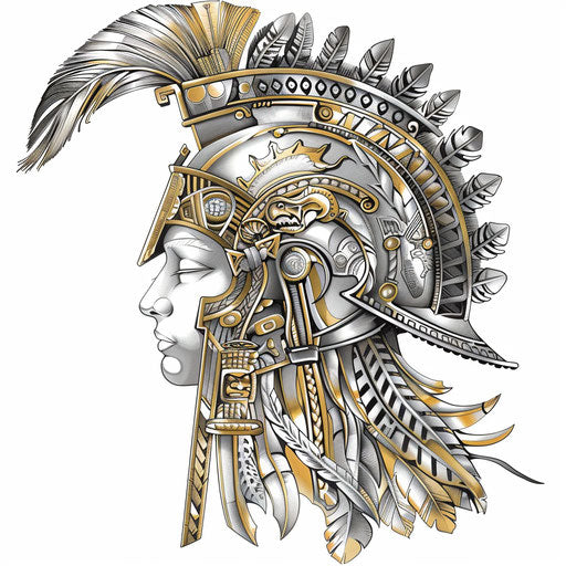 Mayan warrior helmet tattoo design, accented with gold and silver ink, on a pristine white base.