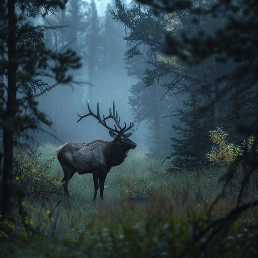 Majestic elk in misty forest at dawn