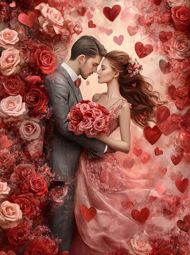 Loving couple in red and pink with roses and hearts