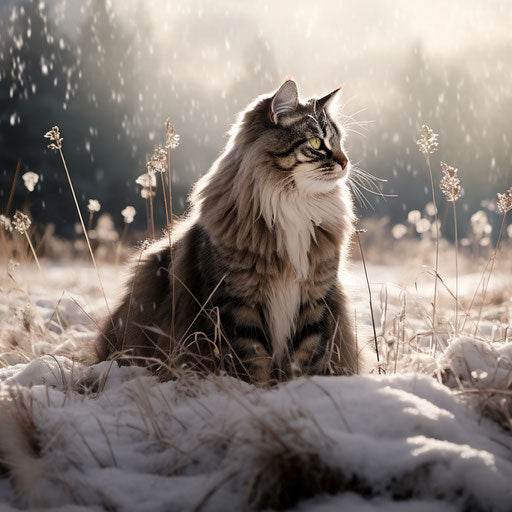 Norwegian forest cat in a field while it is snowing