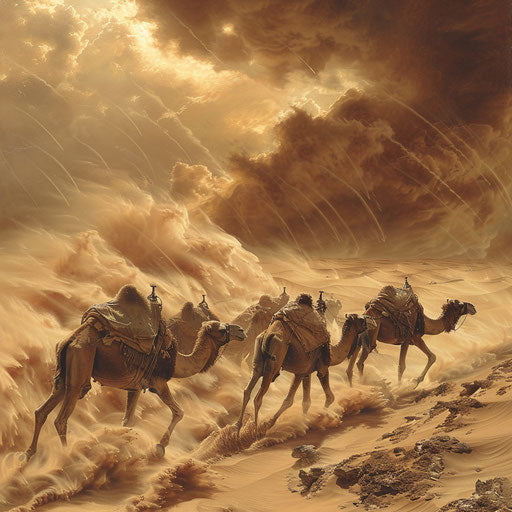 Camel caravan in the desert storm
