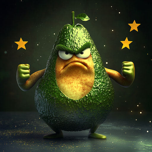 Humorous caricature of an avocado caricature clipart with human characteristics, exaggerated dimpled chin, muscular arms, surrounded by stars, vibrant colors, cartoon style, angry, high-resolution, no background, isolated