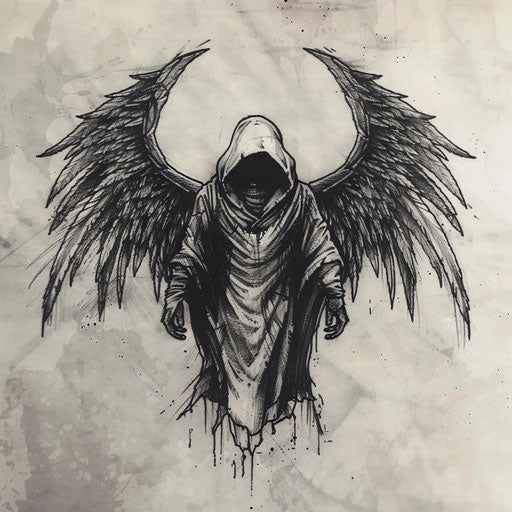 Minimalist tattoo sketch of the angel of death with large detailed wings, in monochrome