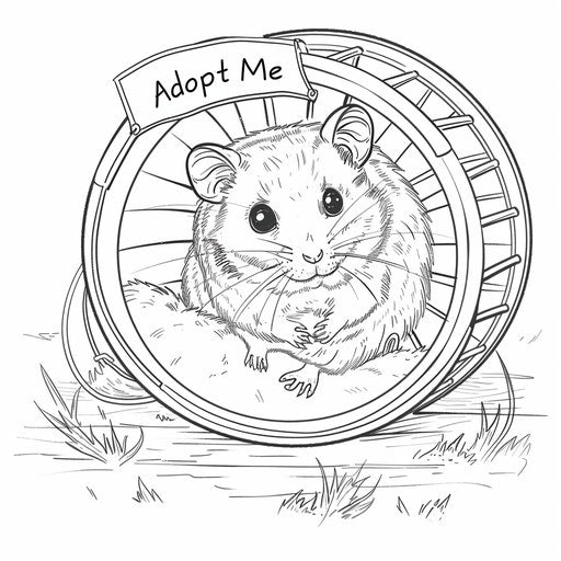 A cute hamster running in a wheel with an 'Adopt Me' sign above. Coloring book page