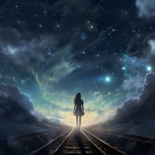 Girl on tracks looks at stars, ethereal figures, light