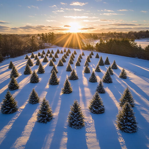 Winter scene of a Christmas tree farm at dusk