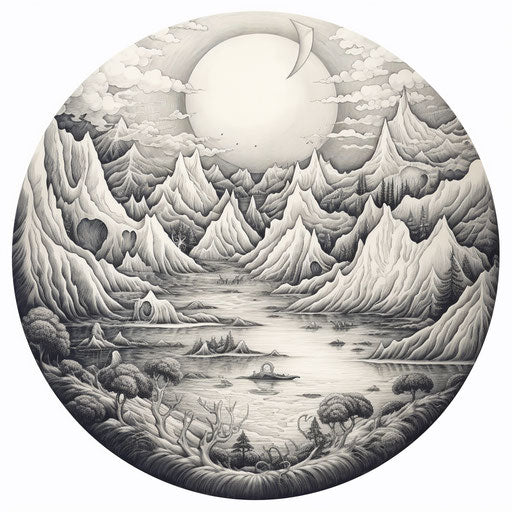 Land and sea in a circle, alien world style, loose lines, mountainous views, clean inking, commission for, elaborate