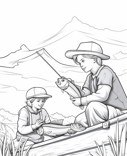 Fishing boys coloring pages & free, in the style of light yellow and dark crimson, captivating, net art, precisionist lines 25:31