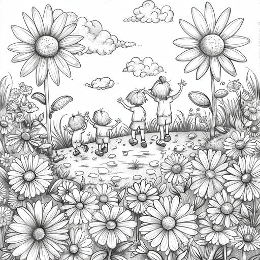 Children playing in a field of daisies