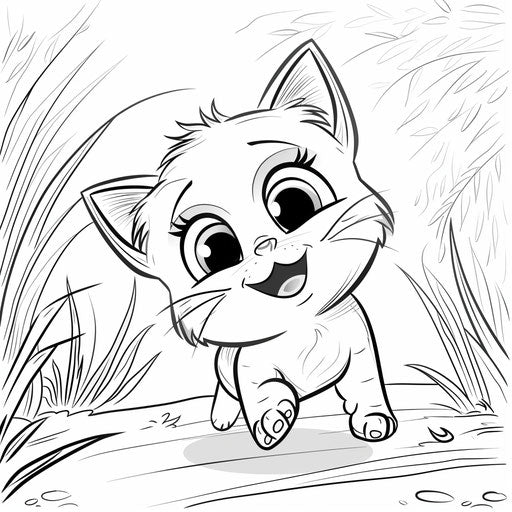 Cartoon kitten in a playful scene from a coloring book