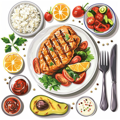 Realistic meal illustration on white background, deep shadows