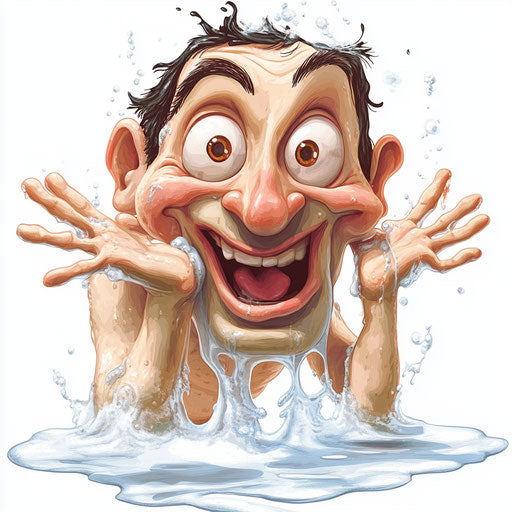 Humorous caricature of a handwashing caricature clipart with human characteristics, exaggerated rosy cheeks, short legs, oversized, vibrant colors, cartoon style, surprised, high-resolution, no background, isolated