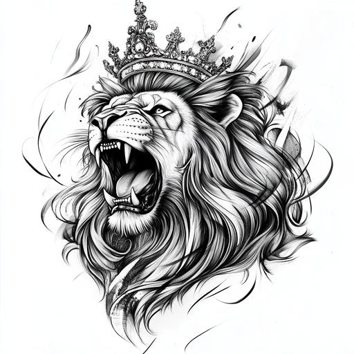 Roaring lion with crown tattooed in clipart style on white background