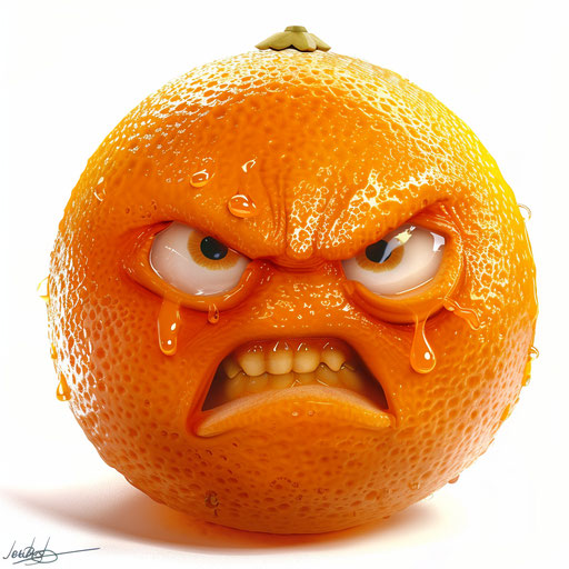 Angry orange face on white background, bold colorism style
