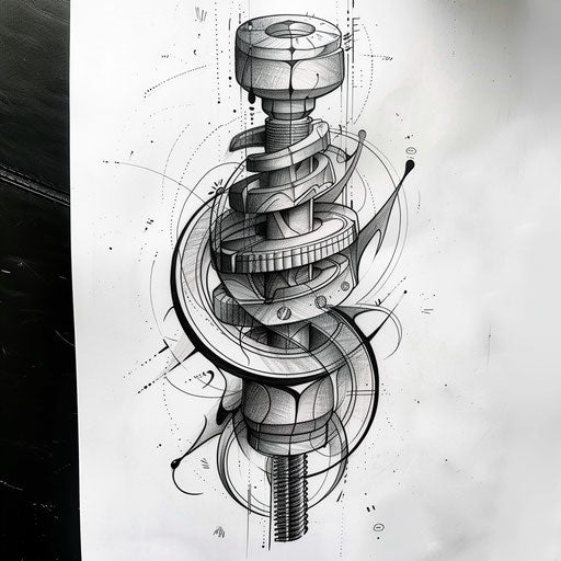 Flat tattoo sketch of a piston with dynamic, abstract lines suggesting motion and energy