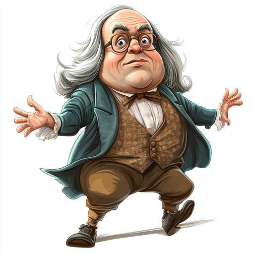 Humorous caricature of a Benjamin Franklin illustration with human features