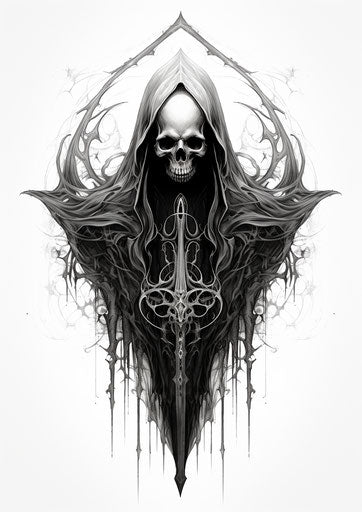 Black and white drawing of a grim reaper tattoo, dark bronze and silver style, symmetrical chaos, subtle shading, cut/ripped, mirrored realms, nabis, figura serpentinata 75:106