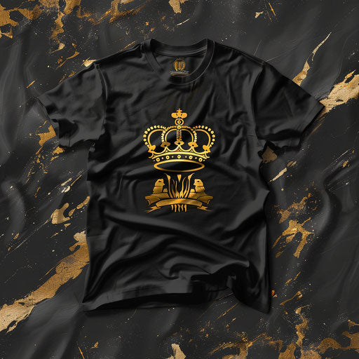 Luxury t shirt logo design with a black and gold background