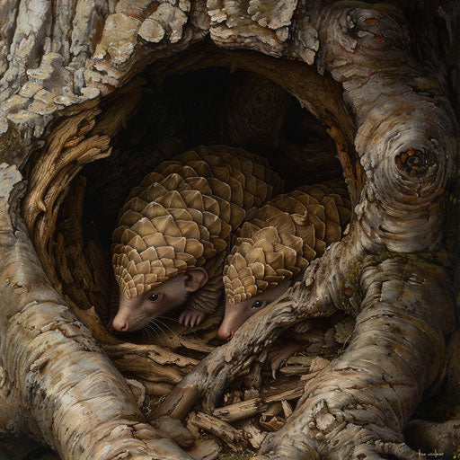 Pangolins nestled in a hidden den, safe from wild predators