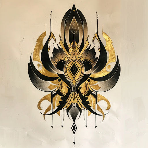 Symmetrical chaos tattoo design sketch in black and shimmering gold