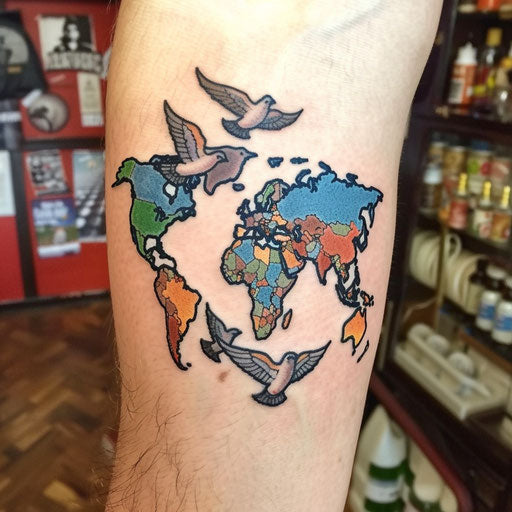 Colorful flat tattoo sketch of a world map with doves flying, symbolizing global freedom