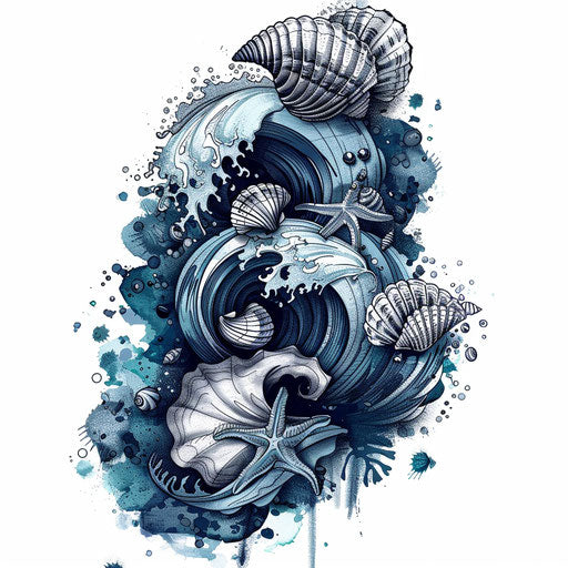Nautical flat tattoo sketch with ocean waves and seashells in blue