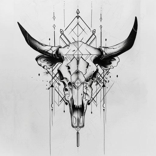 Minimalist black and white tattoo sketch of a cow skull with geometric patterns in the background