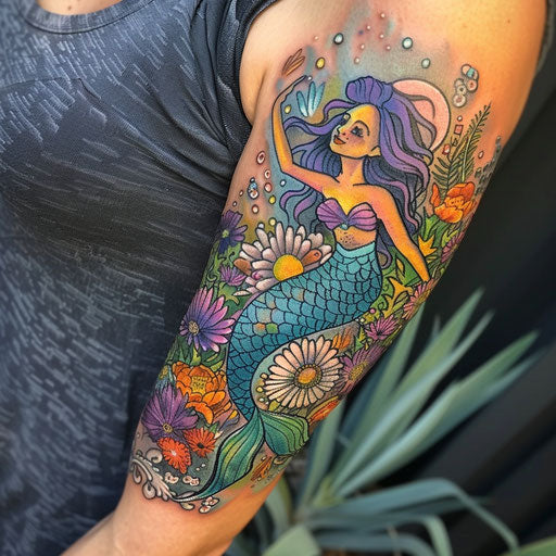 Wildflower tattoo with mermaid and oceanic theme